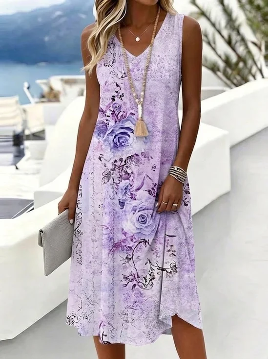 Damen Geblümt Sommer Kleid V-Ausschnitt Ärmellos Tanktop A-Linien-Kleid