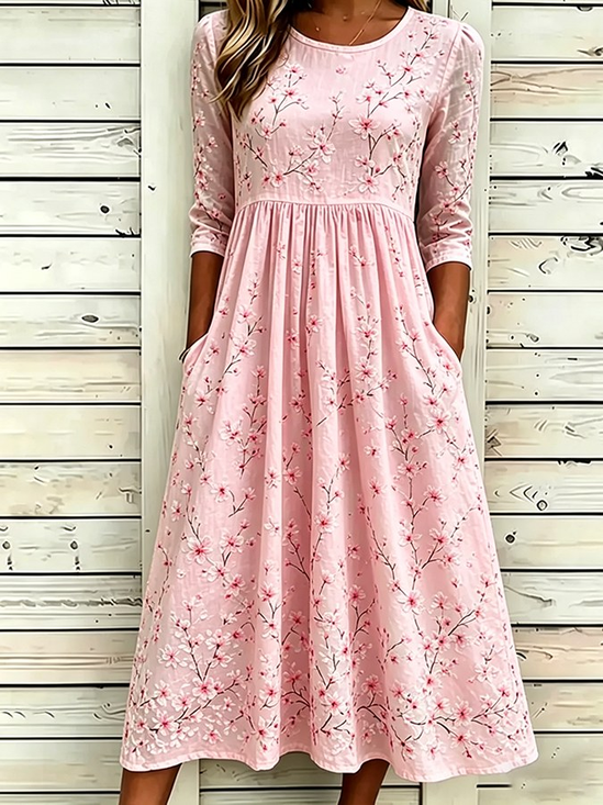 Damen Geblümt Sommer Print Kleid Rundhals Halbarm H-Linie Kleid