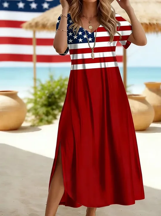 Damen Tag der Unabhängigkeit (Flagge) Sommer Print Kleid Rundhals Kurzarm T-Shirt-Kleid H-Linie Kleid