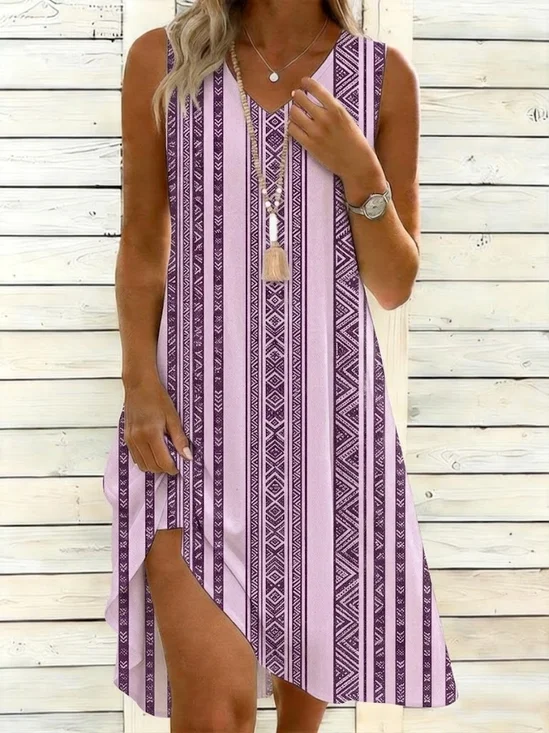 Damen Gestreift Sommer Kleid V-Ausschnitt Ärmellos Tanktop A-Linien-Kleid
