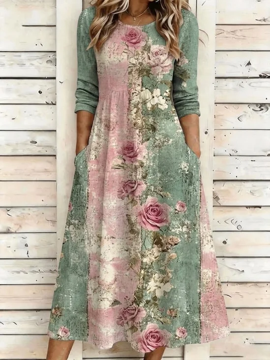 Damen Geblümt Sommer Kleid Rundhals Halbarm A-Linien-Kleid
