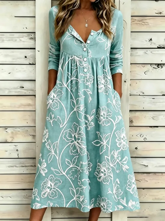 Damen Geblümt Sommer Kleid Halb offener Kragen Halbarm A-Linien-Kleid