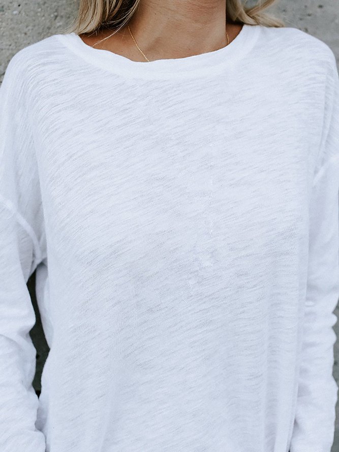 Weiß Lässig Unifarben Langarm T-Shirt