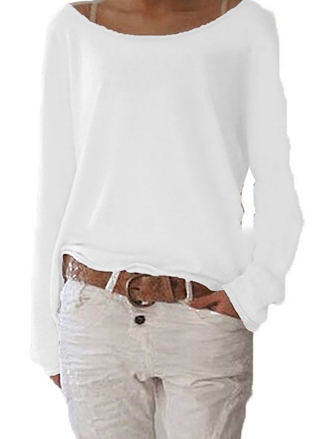 Unifarben T-Shirt aus Baumwolle Langarm Rundhals