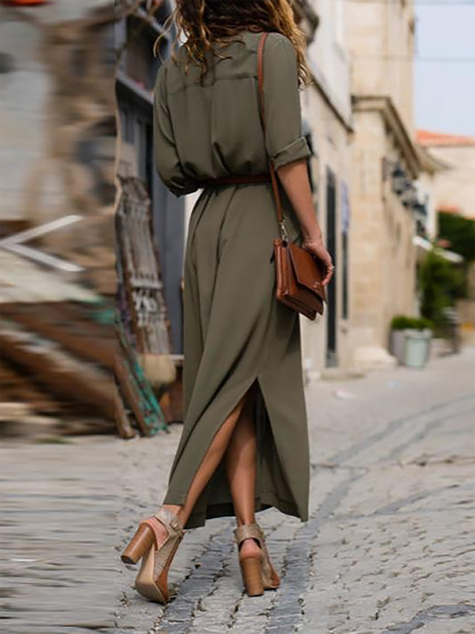 Patchwork-Maxikleid mit 3/4Ärmel Hemdkragen