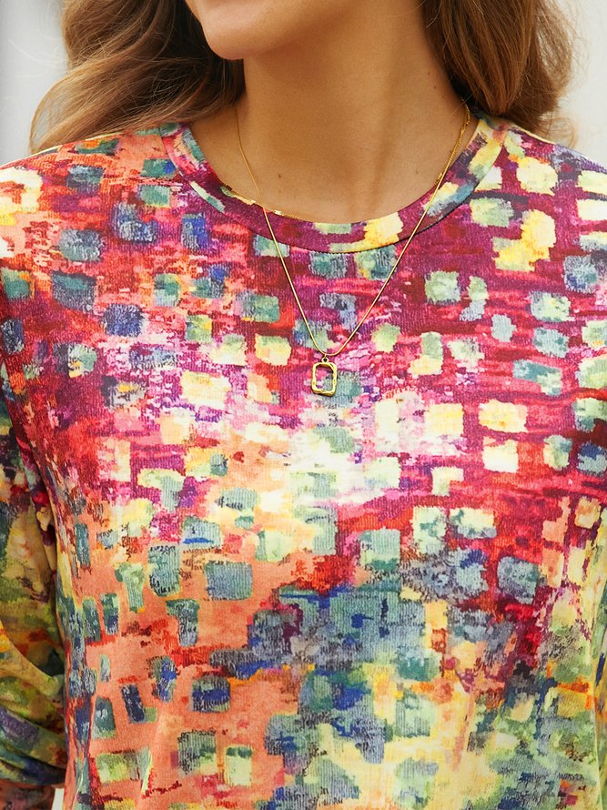 Ethnisch Multifarben T-shirt Retro Stil Langarm Rundhals Noracora