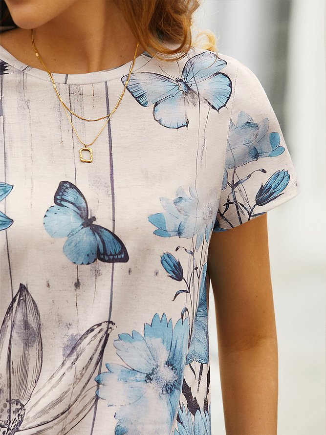 Schmetterling&Blumen Print T-Shirt Retro Stil Rundhals Noracora