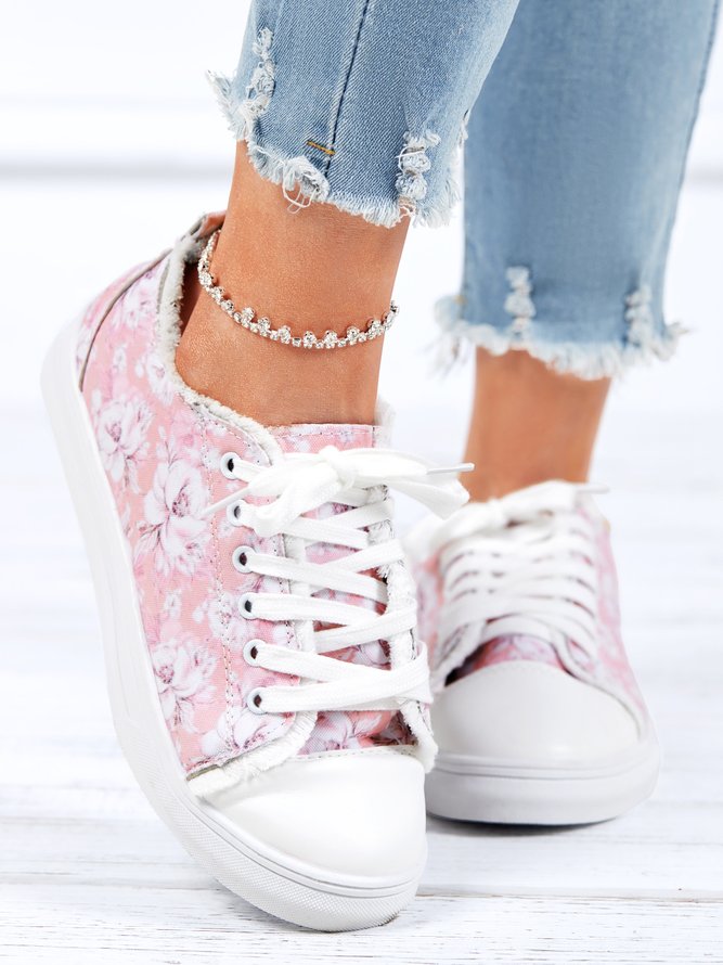 Bequem Weich Sohle Pink Geblümt Segeltuch Schuhe
