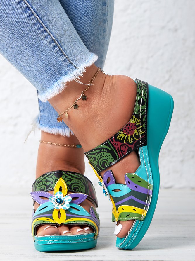 Retro Farbe Kontrast Ethnisch Stil Blume Hohl Keilsandalette