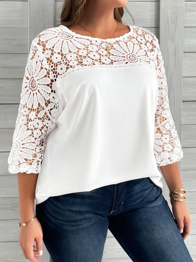 Große Größen Regelmäßige Passform Elegant Jersey Spitze T-Shirt