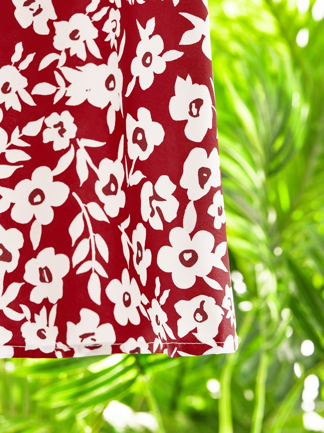 Geblümt Halbarm Geknöpft Große Größen Lässig Gewebe Kleid