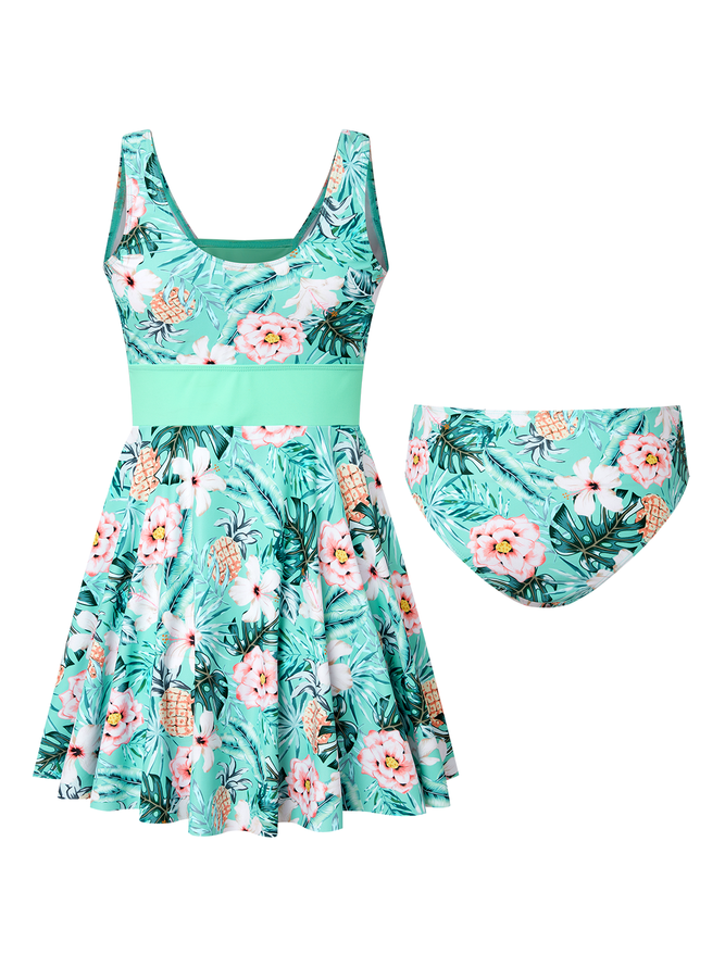 Blumen Print Badeanzug Rundhals Zweiteiliges Set Urlaub Noracora
