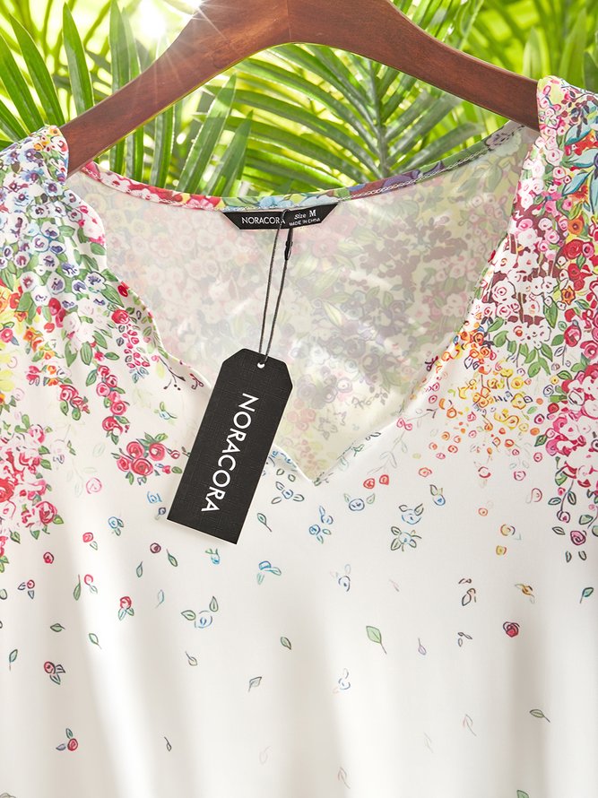 Blumenmuster Kleid V-Ausschnitt Kurzarm Stricken Lässig Urlaub Stil Noracora