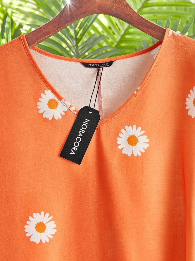 Lässig Gänseblümchen V-Ausschnitt Baumwolle Weit Kurzarm Blusen & Shirts