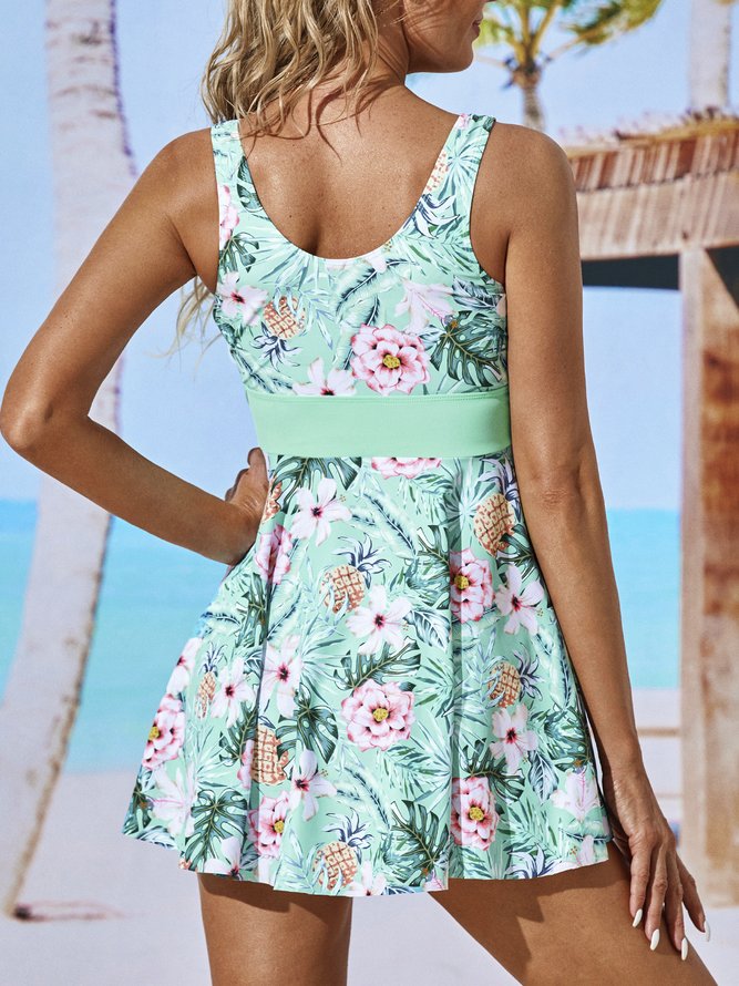 Blumen Print Badeanzug Rundhals Zweiteiliges Set Urlaub Noracora