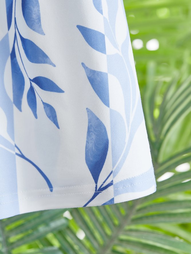 Blätter Druck Sommerkleid mit Rundhals Lässiges Freizeitkleid Noracora