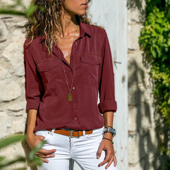 Damen Fashion mit Reverskragen Unifarben V-Ausschnitt Langarm Bluse