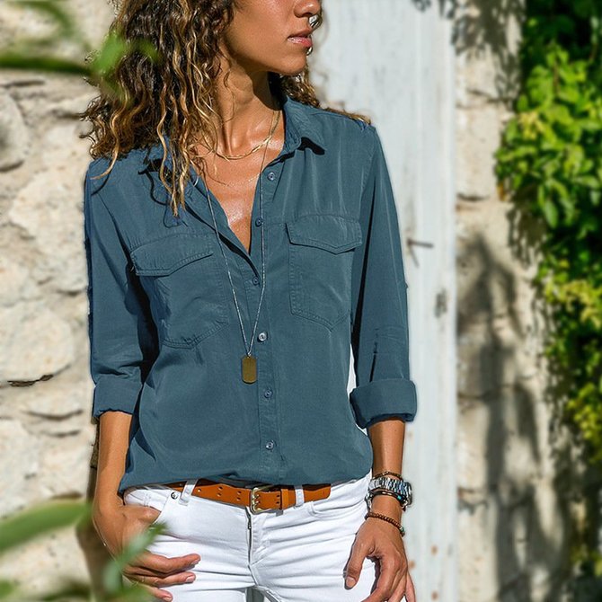 Damen Fashion mit Reverskragen Unifarben V-Ausschnitt Langarm Bluse