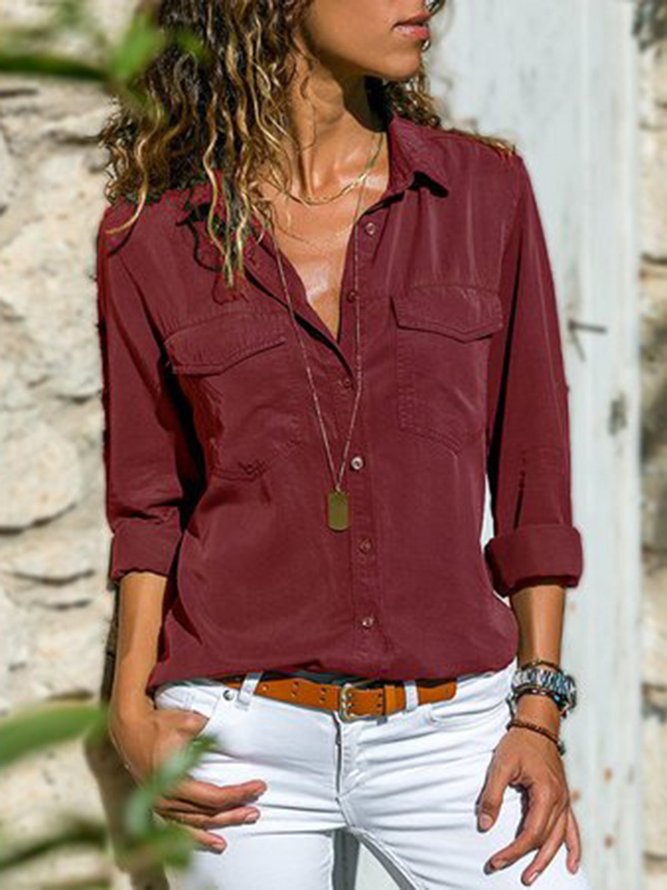 Damen Fashion mit Reverskragen Unifarben V-Ausschnitt Langarm Bluse