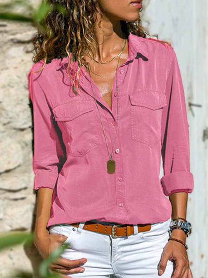 Damen Fashion mit Reverskragen Unifarben V-Ausschnitt Langarm Bluse