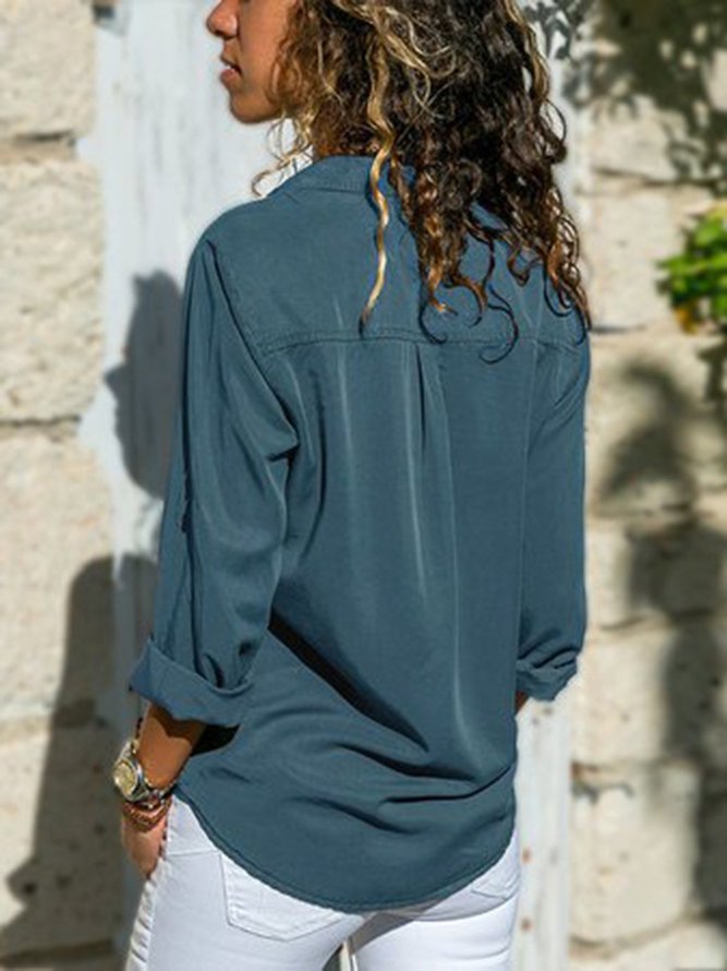 Damen Fashion mit Reverskragen Unifarben V-Ausschnitt Langarm Bluse