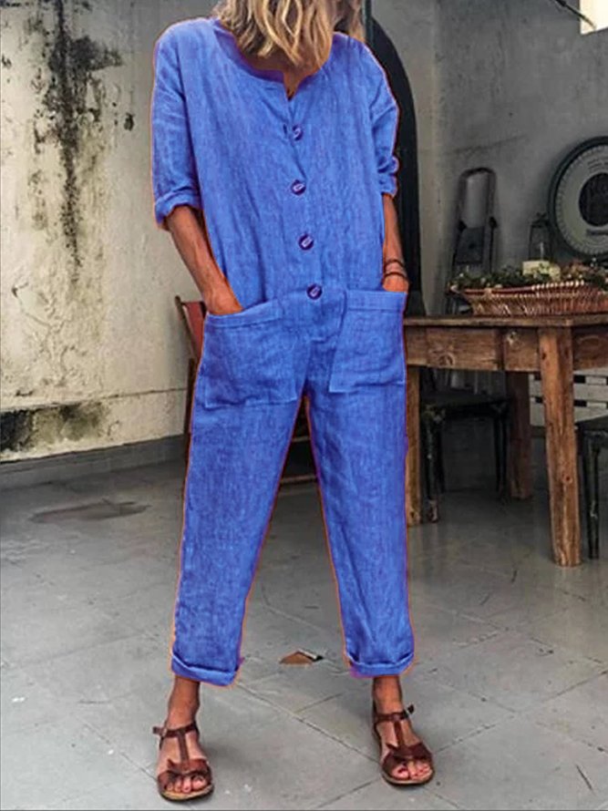 Lässige Geknöpfte Langarm-Jumpsuits Unifarben