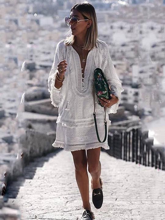 Langarm V-Ausschnitt Lässig Urlaub Kleid