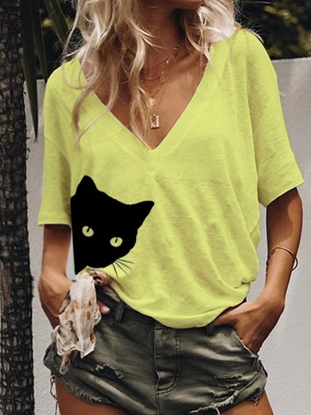 Katzen Kurzarm Print T-Shirt