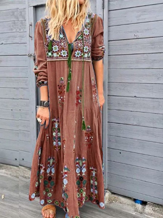 V-Ausschnitt Langarm Geblümt Muster Maxikleid