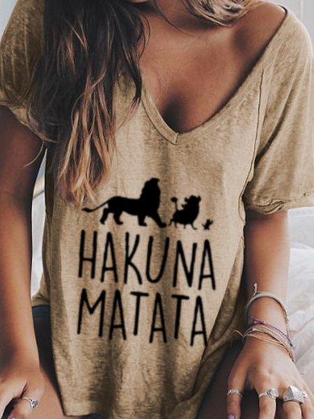 Baumwolle T-Shirt V-Ausschnitt Hakuna Matata Print Lässig Urlaub&Täglich Noracora