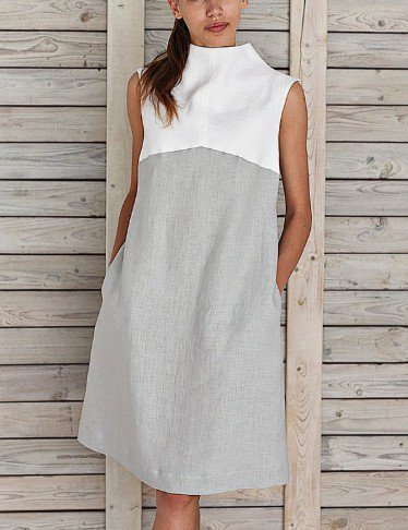 Große Größen Midikleid Damen Sommer Normal Ärmellos Rollkragen Paneeliert Kleider