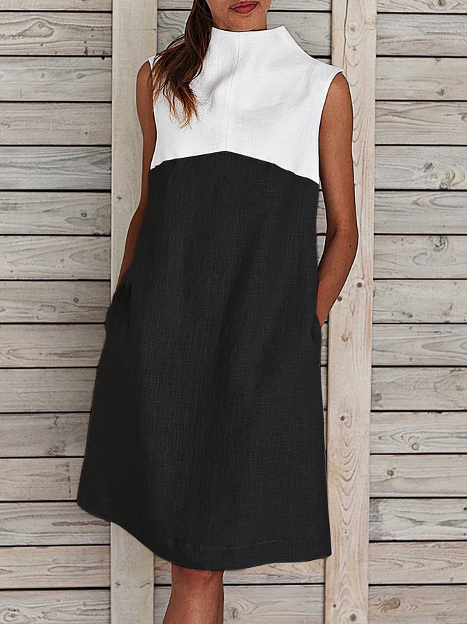 Große Größen Midikleid Damen Sommer Normal Ärmellos Rollkragen Paneeliert Kleider