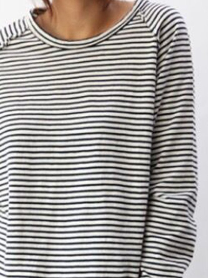 Weiß-Schwarz Langarm Baumwolle Einfach & Basic T-Shirt
