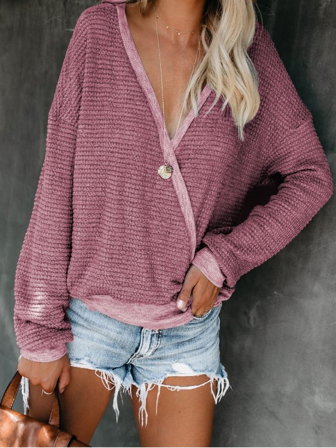 Grauer Lässiger Strickpullover mit V-Ausschnitt
