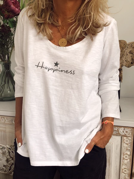 Lässig Buchstabe Baumwollmischung Langarm T-Shirt