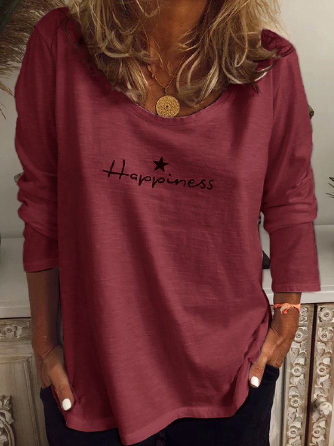 Lässig Buchstabe Baumwollmischung Langarm T-Shirt