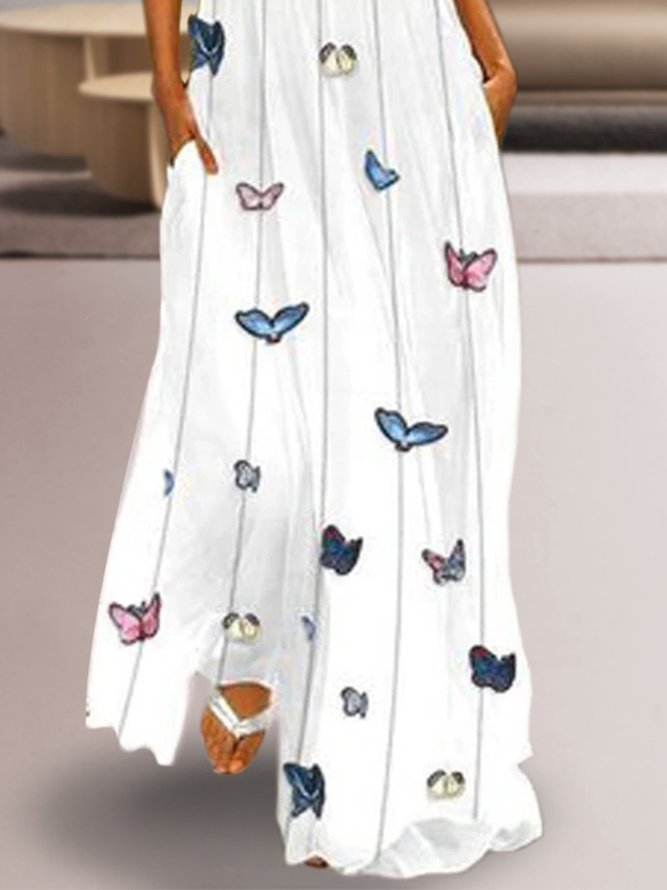 Weißes Ärmelloses Maxikleid mit Schmetterling-Print