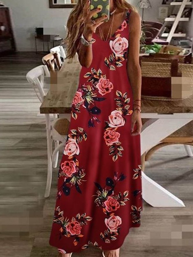 Retro Große Größen Ärmelloses Freizeitkleid mit Blumenmuster