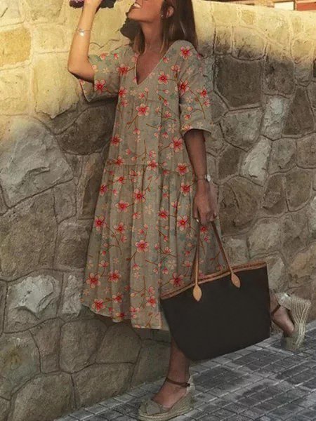 Retro Große Größen Damen Kurzarm V-Ausschnitt Blumenmuster Freizeitkleid