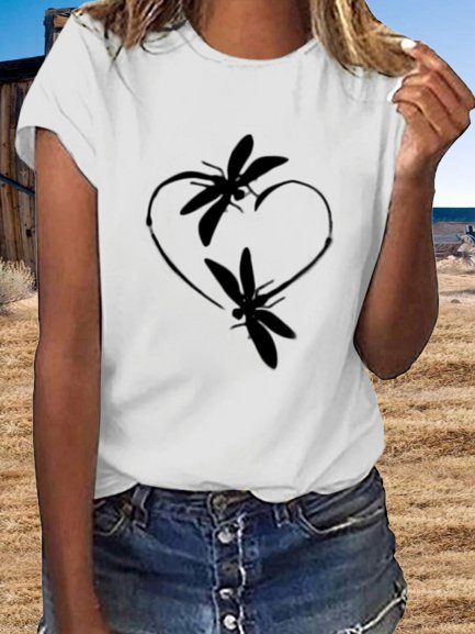 Retro Kurzarm Fliegend Libelle Liebe Print Große Größen Lässig Blusen&Shirts