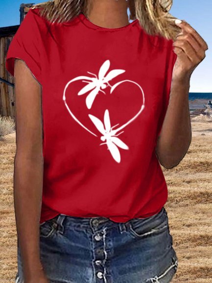 Retro Kurzarm Fliegend Libelle Liebe Print Große Größen Lässig Blusen&Shirts