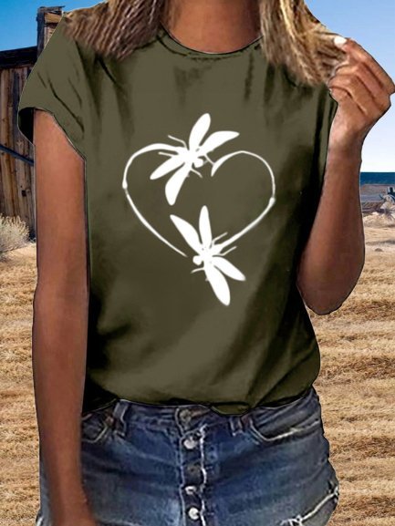 Retro Kurzarm Fliegend Libelle Liebe Print Große Größen Lässig Blusen&Shirts