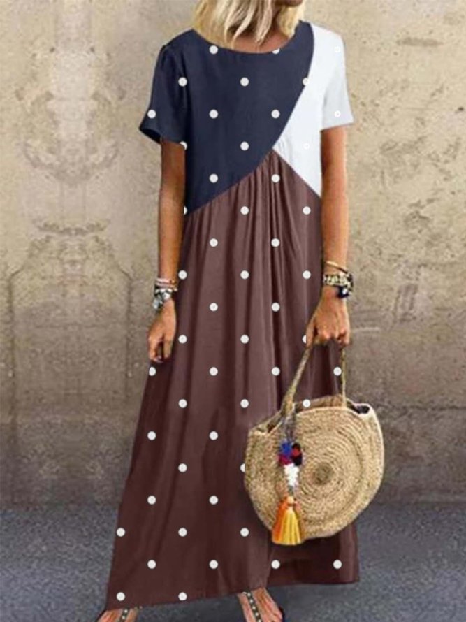 Kaffee Rundhals Polka Dots Kurzarm Kleider