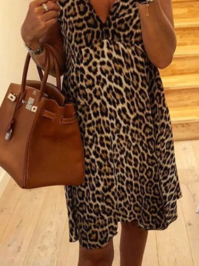 Leopard Kurzarm V-Ausschnitt Print Kleider