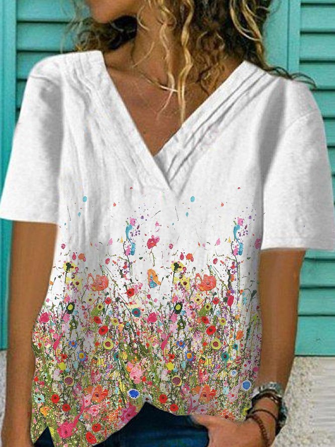 Weiß Print Baumwollmischung Lässig V-Ausschnitt Blusen & Shirts