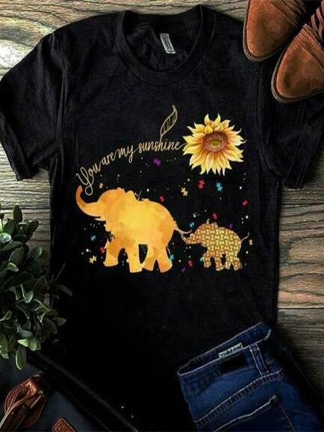 Lässig Große Größen Weit Sommer Baby Elefant Chrysantheme Muster Print kurzärmelig Rundhals T-Shirt