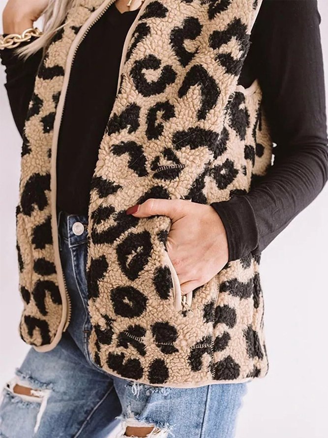 Stehkragen Leopard Retro Weste mit Taschen