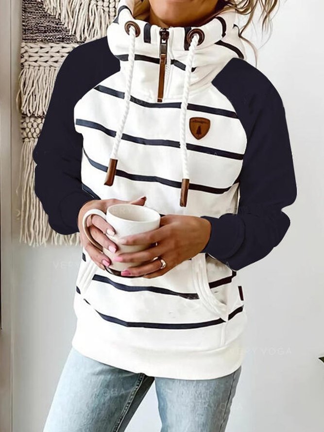 Lässig Langarm Kontraststreifen Hoodie Kapuzensweatshirt mit Reißverschluss und Taschen 
