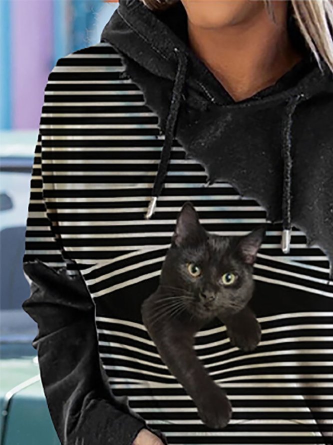 Schwarz Katze Print Patchwork Gestreift Langarm Mit Kapuze Sweatshirts