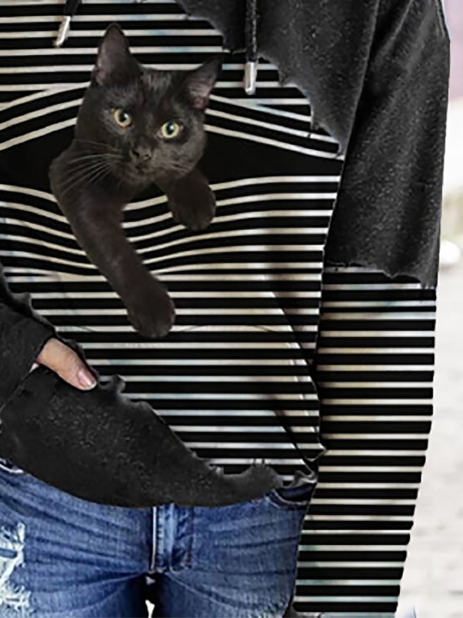 Schwarz Katze Print Patchwork Gestreift Langarm Mit Kapuze Sweatshirts